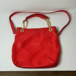 Michael Kors Red Pebbled Leather Shoulder Bag With Gold Chain Adjusting Strap